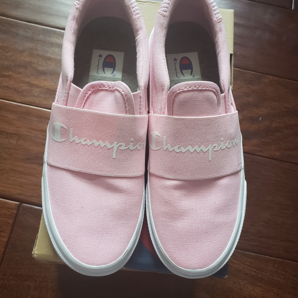 Girls Preowned Pink & White Champion Slips Ons